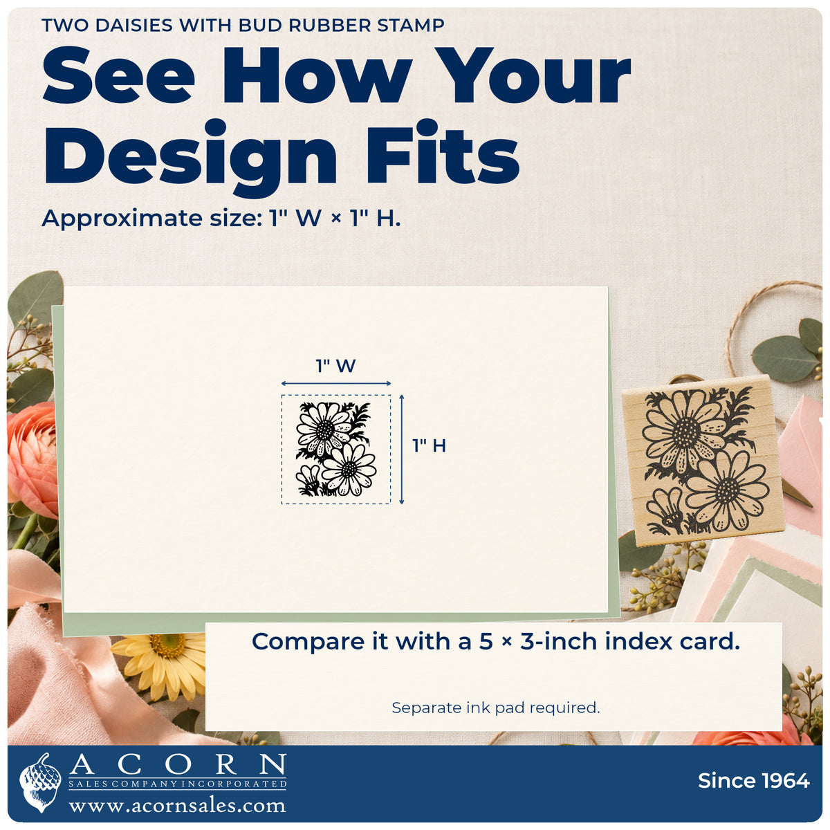 Two Daisies with Bud Rubber Stamp impression-size guide showing the design on a paper reference with dimension labels.