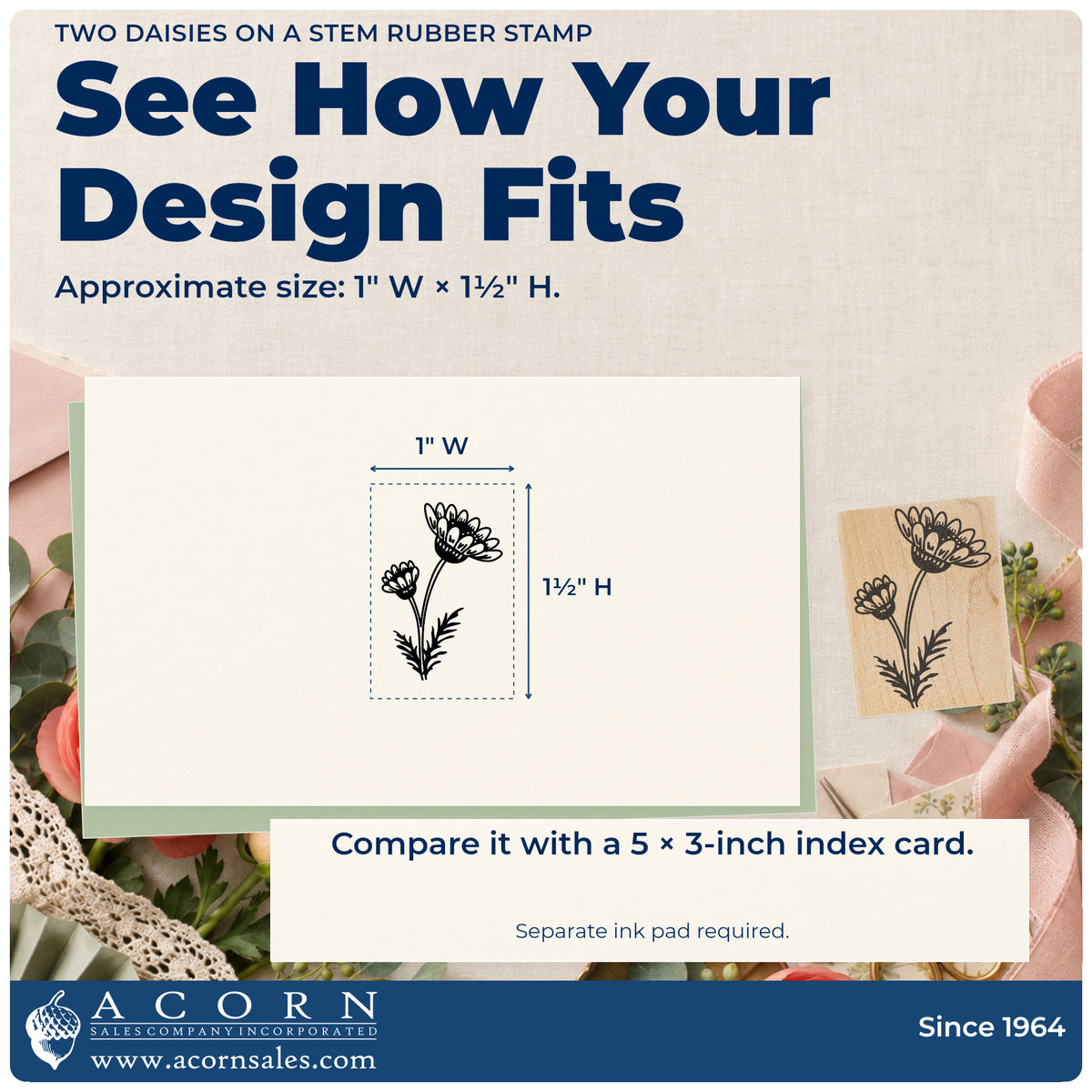 Two Daisies on a Stem Rubber Stamp impression-size guide showing the design on a paper reference with dimension labels.