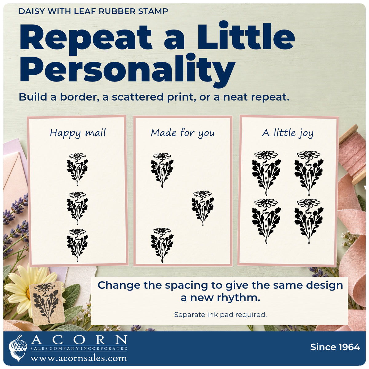 Daisy with Leaf Rubber Stamp pattern guide showing repeated impressions in borders, scattered prints and a grid.