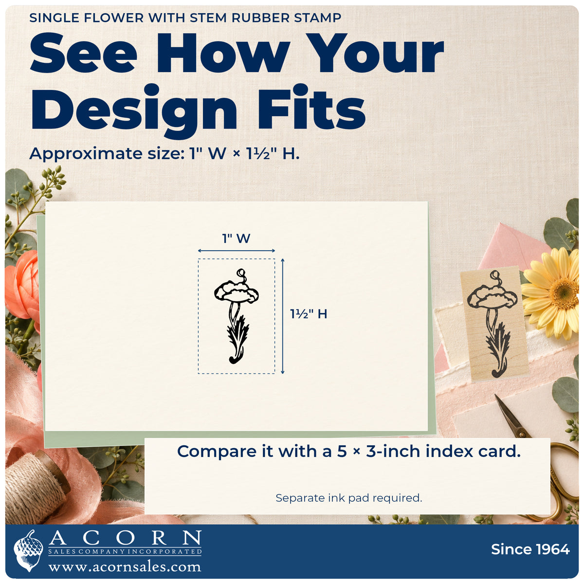 Single Flower with Stem Rubber Stamp impression-size guide showing the design on a paper reference with dimension labels.