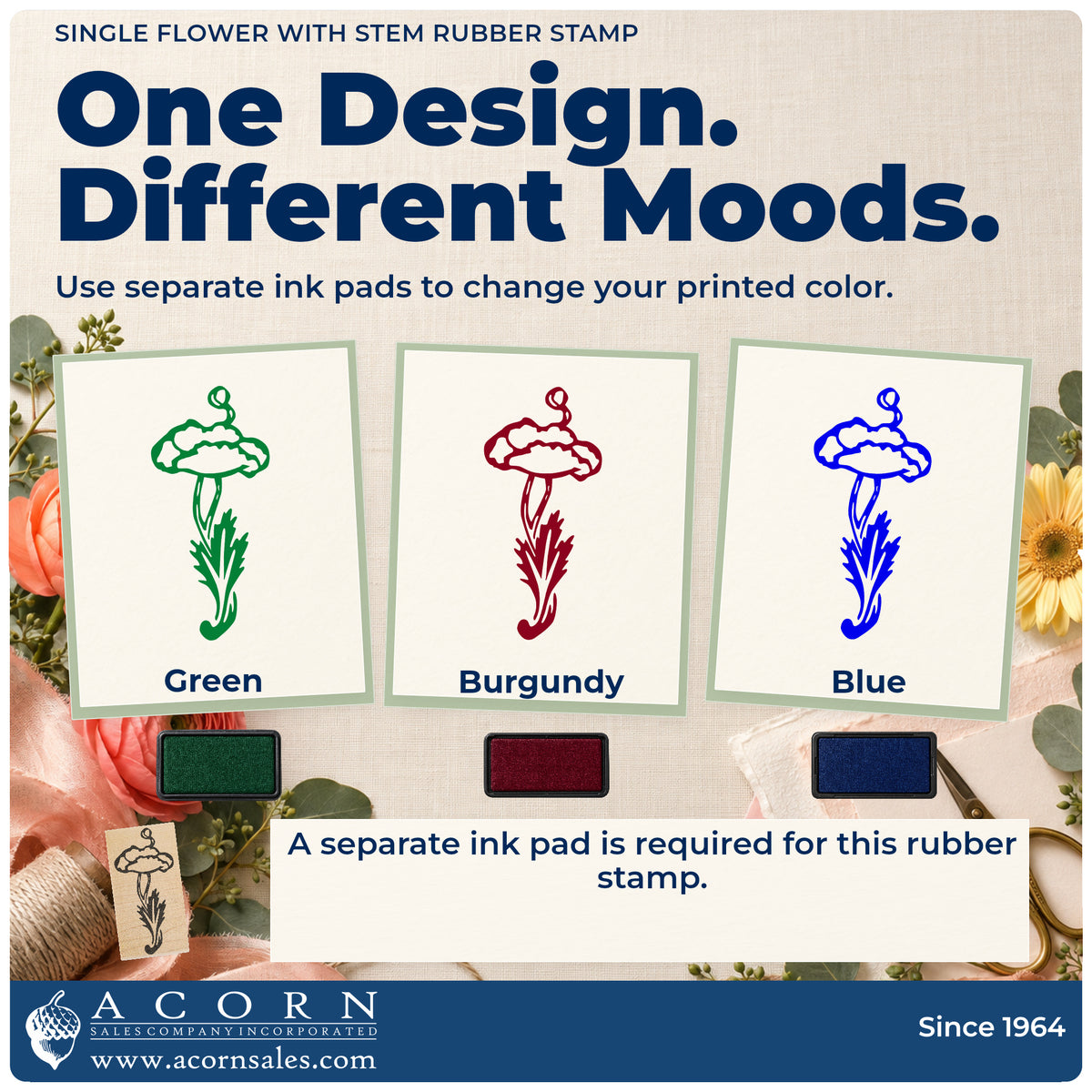 Single Flower with Stem Rubber Stamp ink-color infographic comparing three single-color impressions and a separate ink pad.