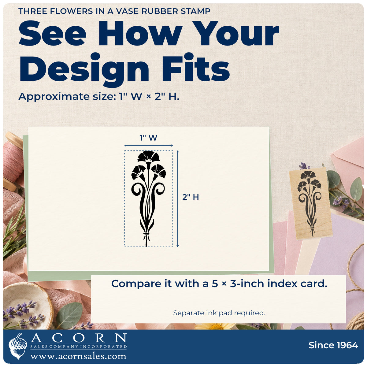 Three Flowers in a Vase Rubber Stamp impression-size guide showing the design on a paper reference with dimension labels.