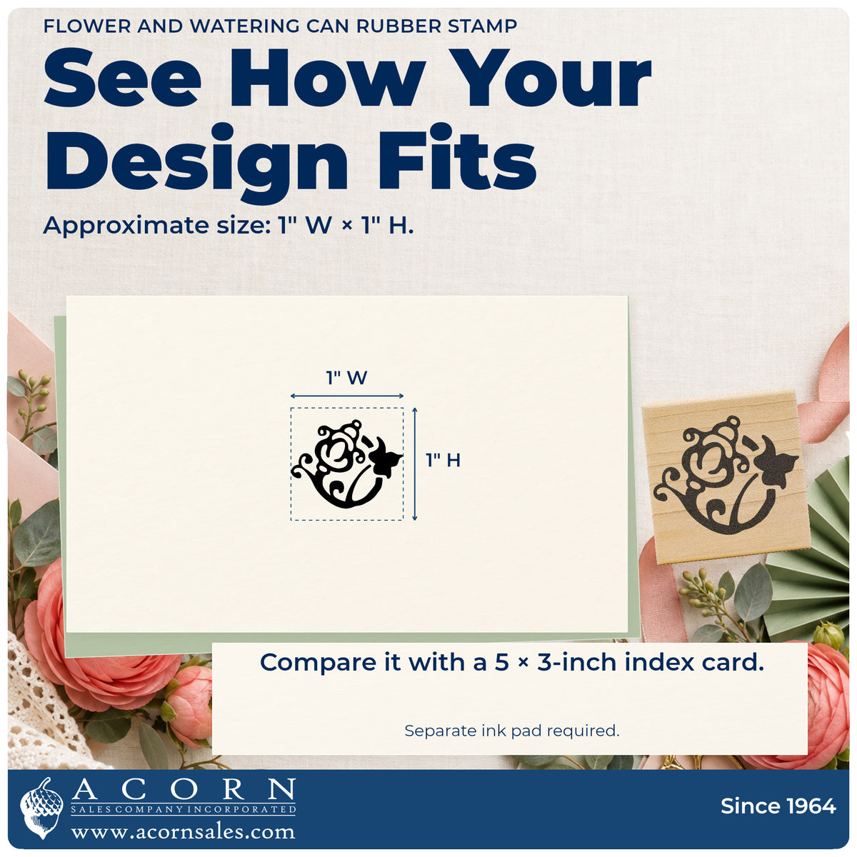 Flower and Watering Can Rubber Stamp impression-size guide showing the design on a paper reference with dimension labels.