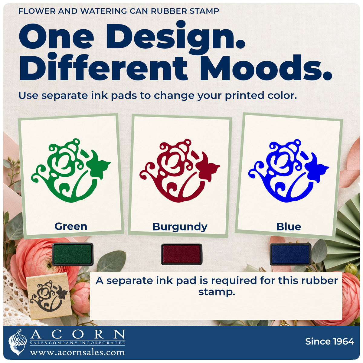 Flower and Watering Can Rubber Stamp ink-color infographic comparing three single-color impressions and a separate ink pad.