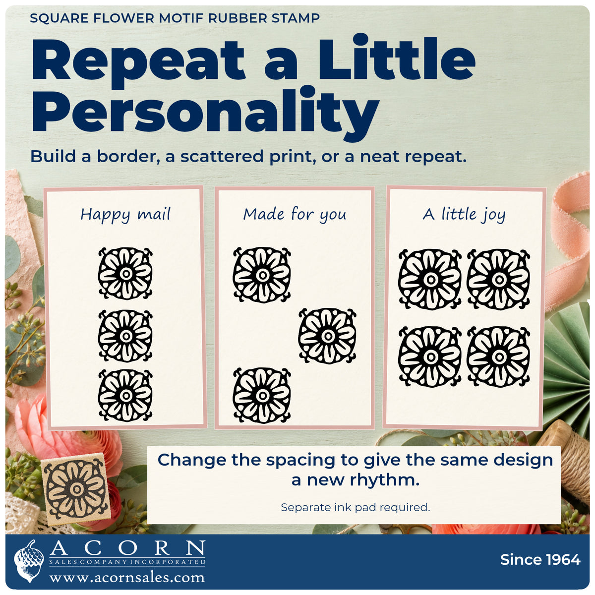 Square Flower Motif Rubber Stamp pattern guide showing repeated impressions in borders, scattered prints and a grid.