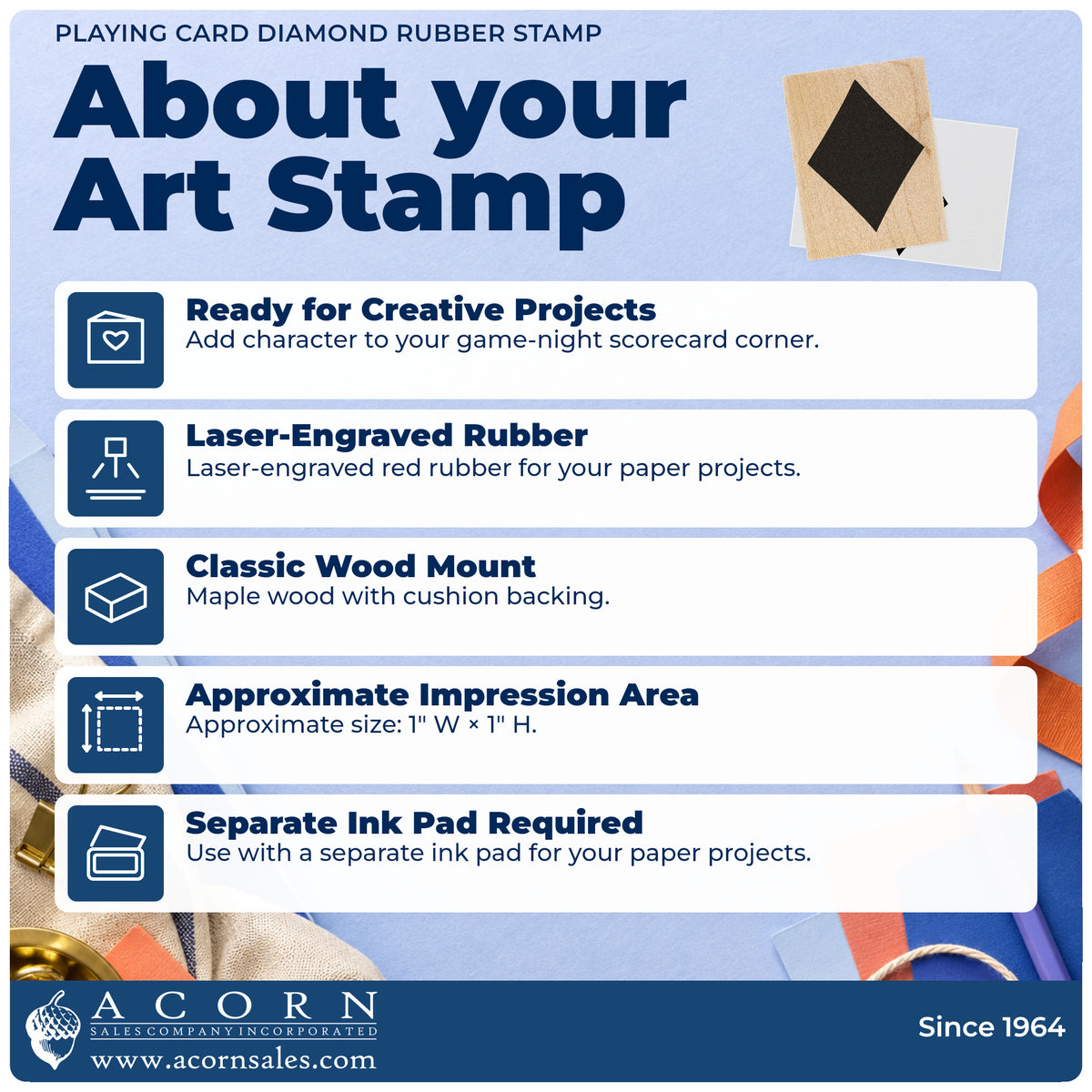Playing Card Diamond Rubber Stamp feature guide covering the wood mount, rubber construction, approximate size and separate ink pad.