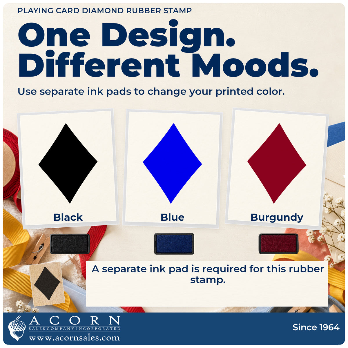 Playing Card Diamond Rubber Stamp ink-color infographic comparing three single-color impressions and a separate ink pad.