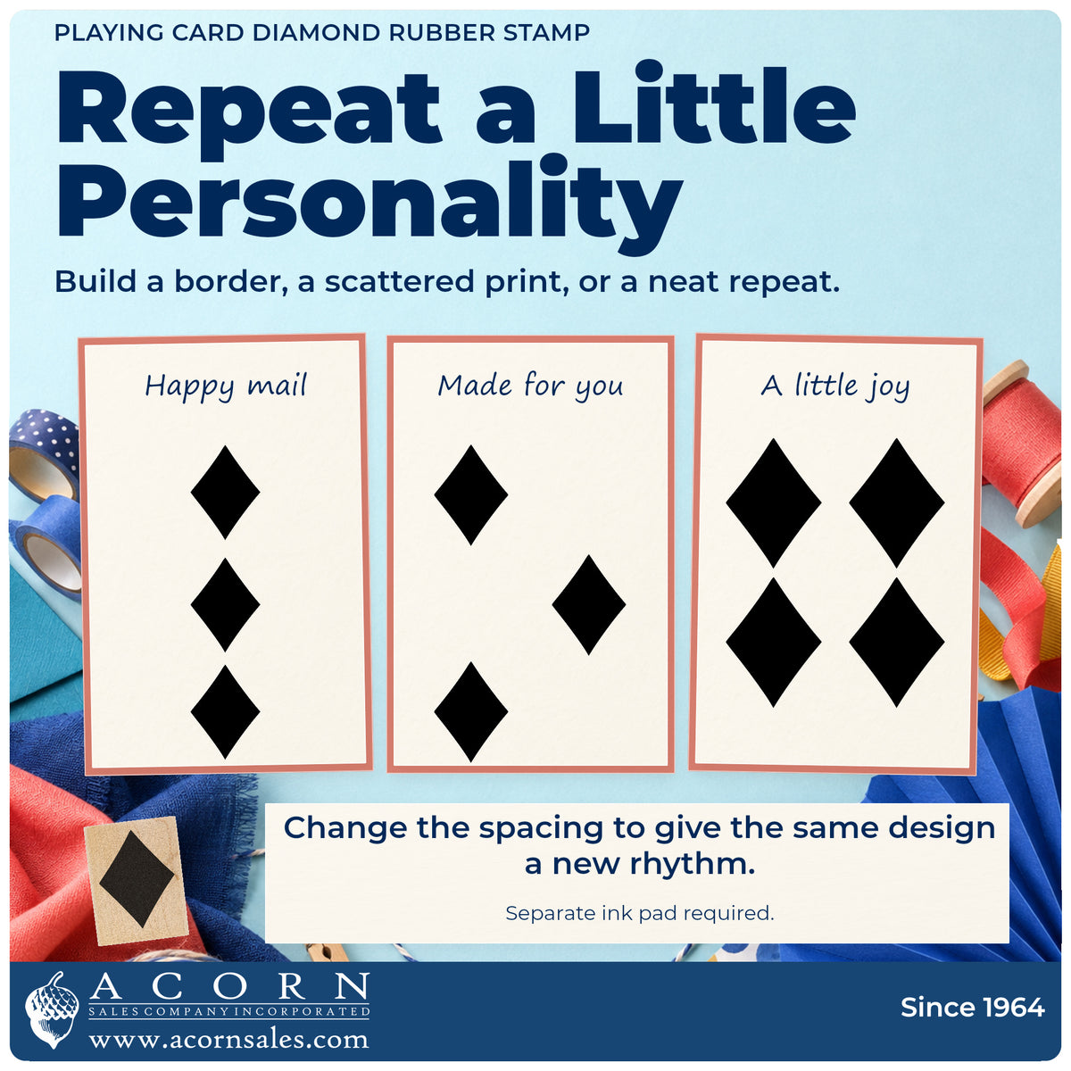 Playing Card Diamond Rubber Stamp pattern guide showing repeated impressions in borders, scattered prints and a grid.