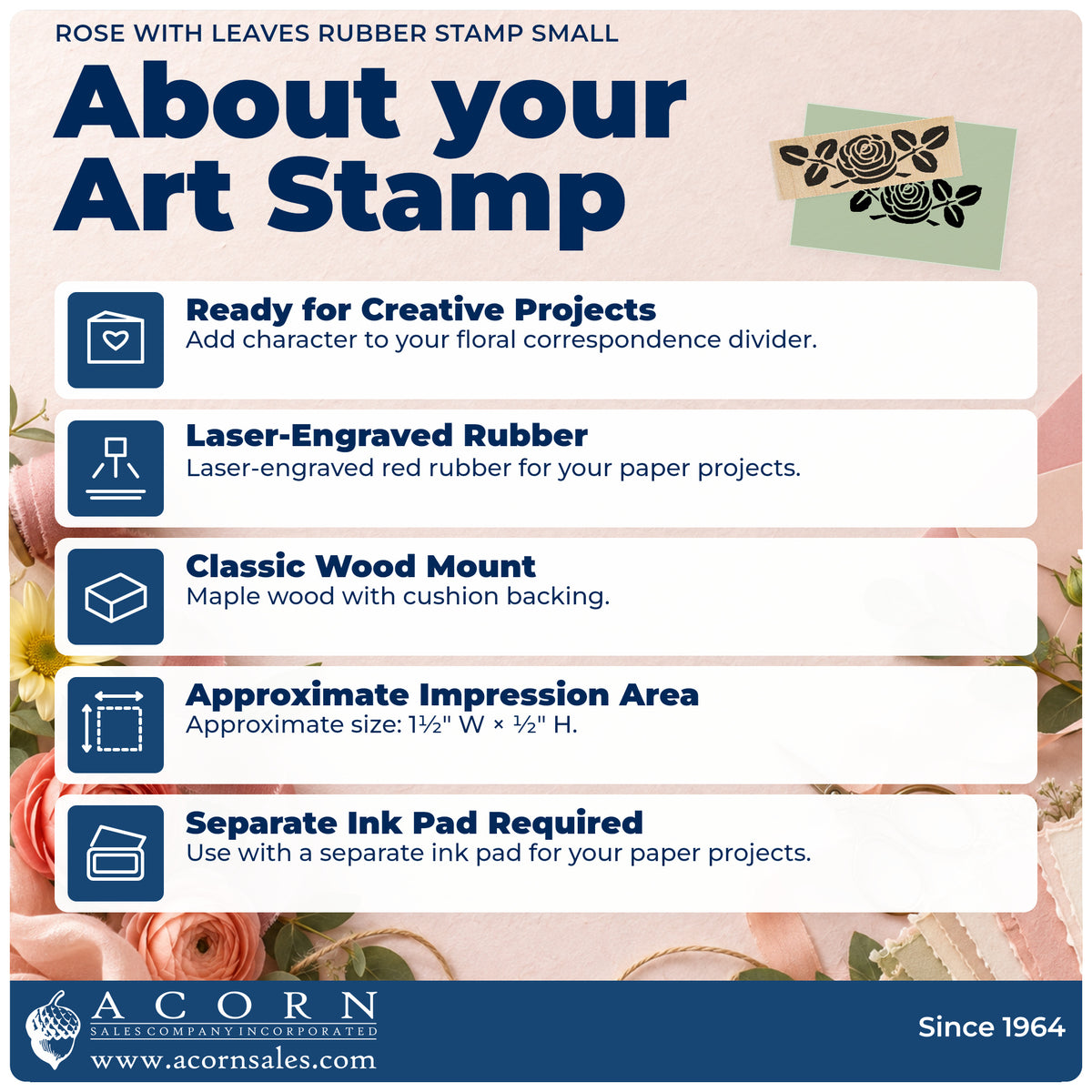 Rose with Leaves Rubber Stamp Small feature guide covering the wood mount, rubber construction, approximate size and separate ink pad.