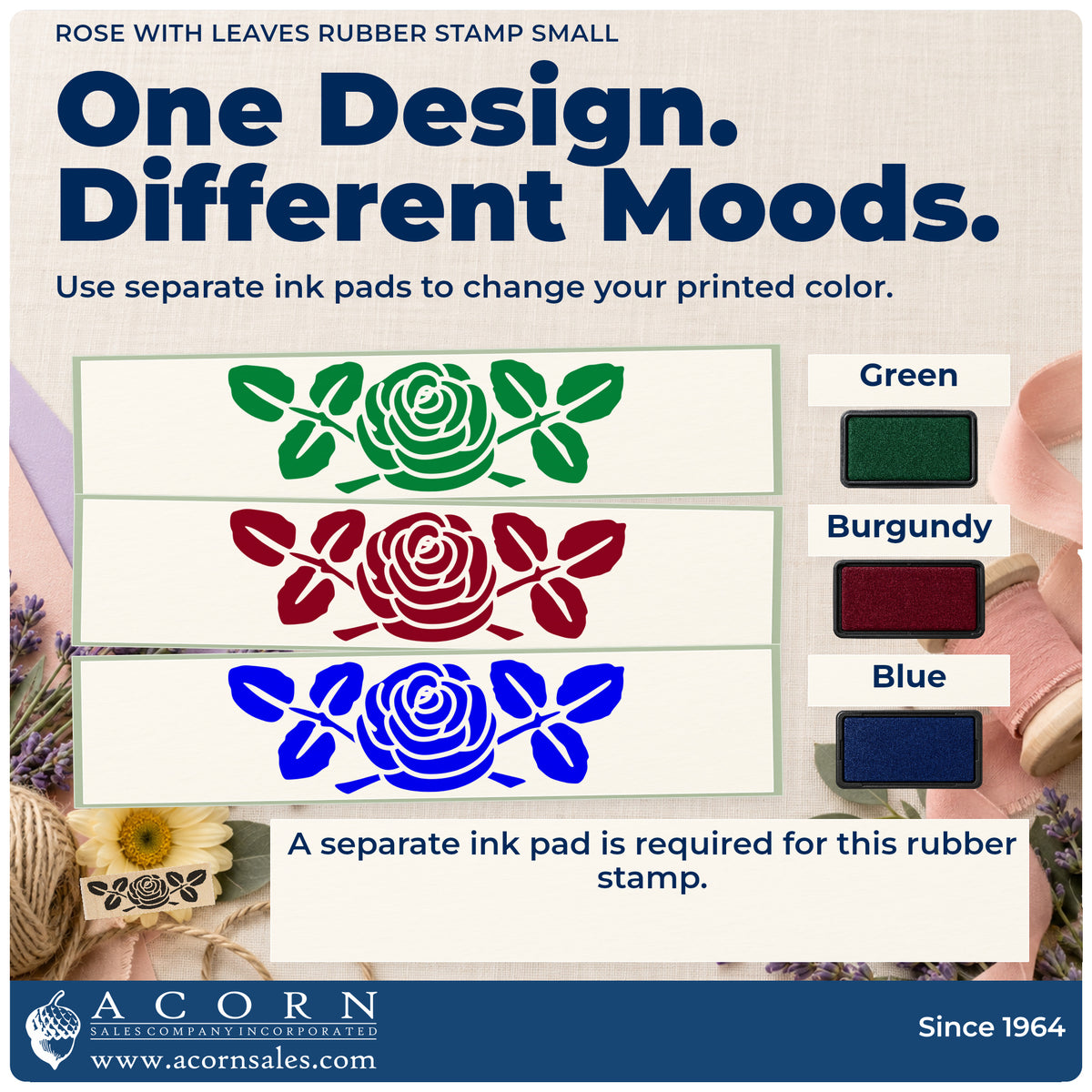 Rose with Leaves Rubber Stamp Small ink-color infographic comparing three single-color impressions and a separate ink pad.