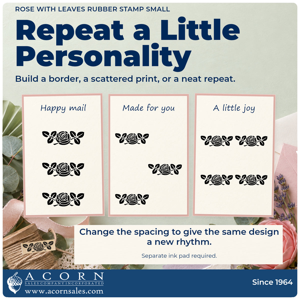 Rose with Leaves Rubber Stamp Small pattern guide showing repeated impressions in borders, scattered prints and a grid.