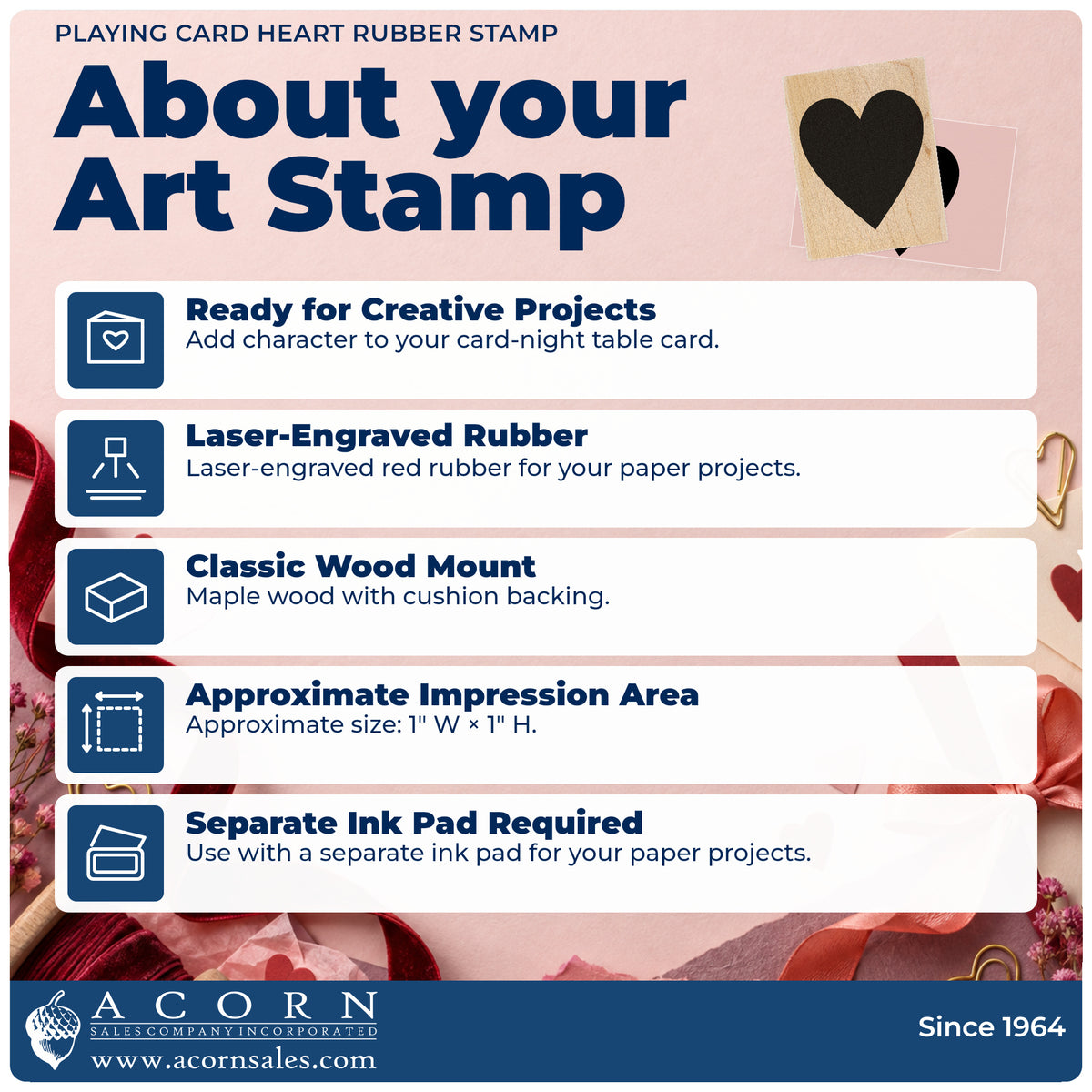 Playing Card Heart Rubber Stamp feature guide covering the wood mount, rubber construction, approximate size and separate ink pad.