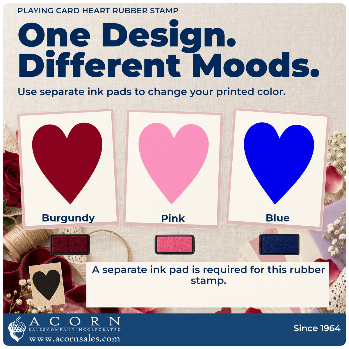 Playing Card Heart Rubber Stamp ink-color infographic comparing three single-color impressions and a separate ink pad.