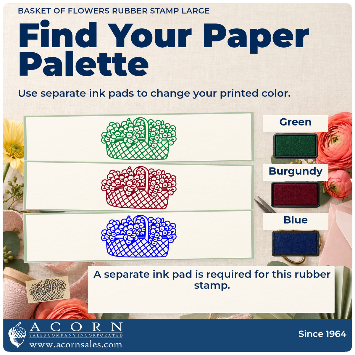 Basket of Flowers Rubber Stamp Large ink-color infographic comparing three single-color impressions and a separate ink pad.