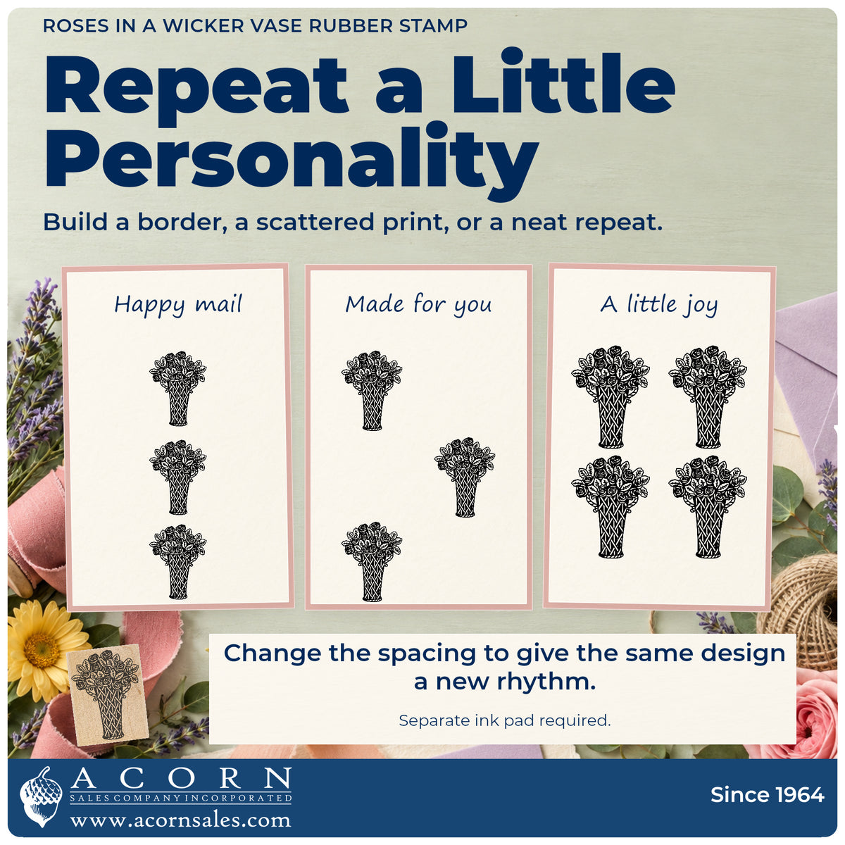 Roses in a Wicker Vase Rubber Stamp pattern guide showing repeated impressions in borders, scattered prints and a grid.