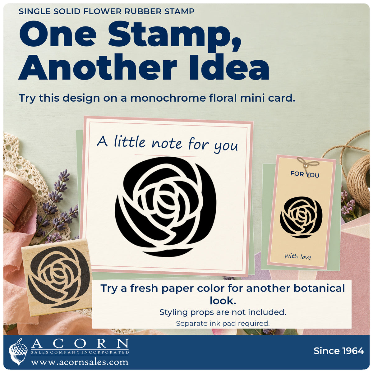 Single Solid Flower Rubber Stamp project inspiration: monochrome floral mini card.
