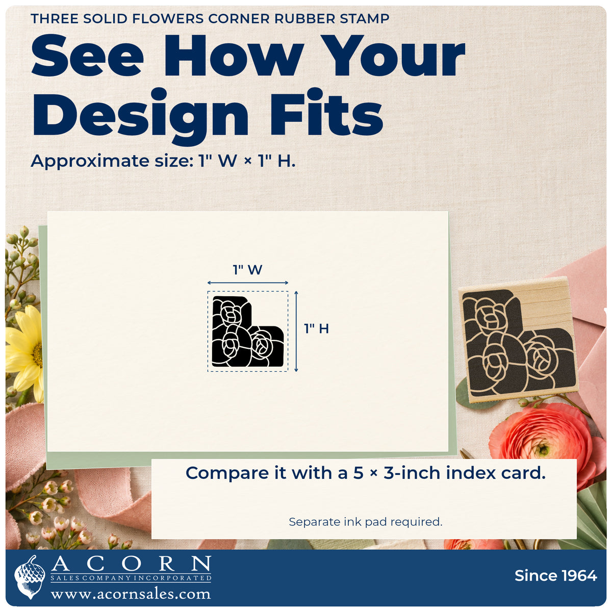 Three Solid Flowers Corner Rubber Stamp impression-size guide showing the design on a paper reference with dimension labels.