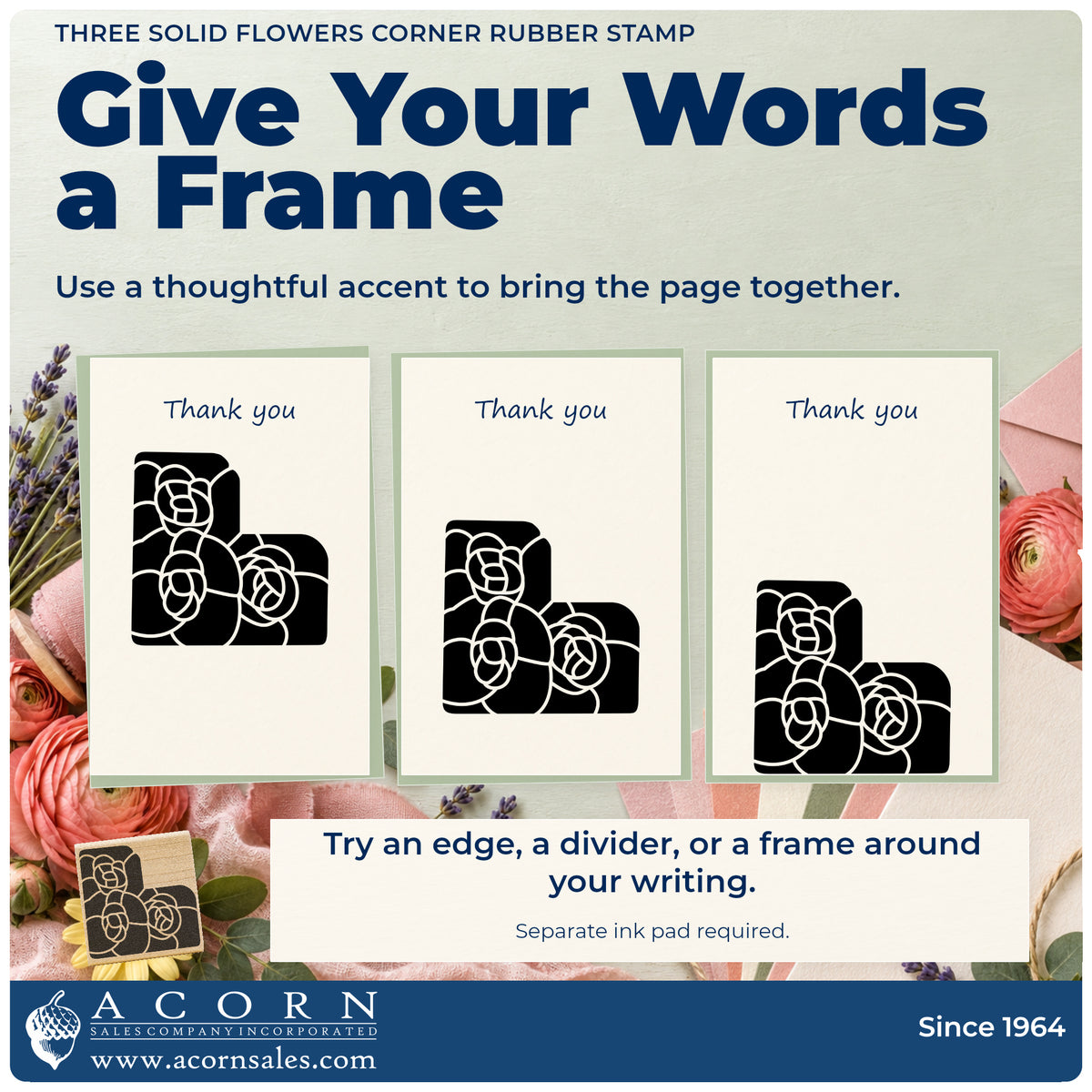 Three Solid Flowers Corner Rubber Stamp placement guide showing ways to position the stamped design on paper.