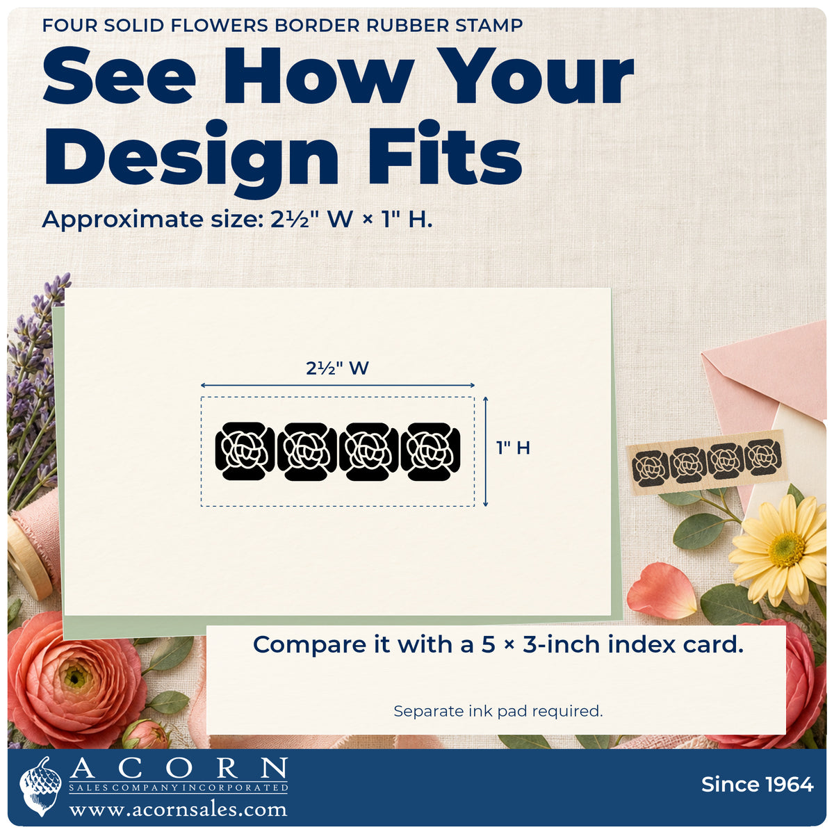 Four Solid Flowers Border Rubber Stamp impression-size guide showing the design on a paper reference with dimension labels.