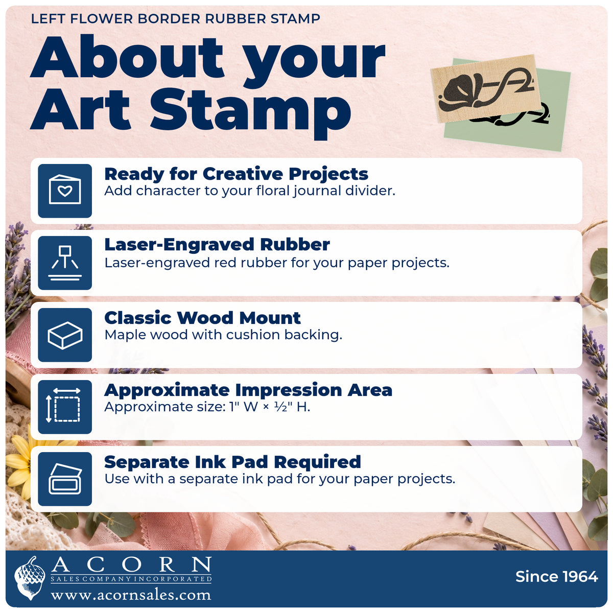 Left Flower Border Rubber Stamp feature guide covering the wood mount, rubber construction, approximate size and separate ink pad.