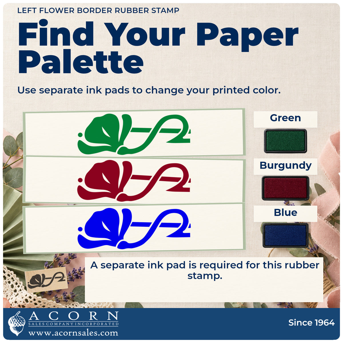 Left Flower Border Rubber Stamp ink-color infographic comparing three single-color impressions and a separate ink pad.