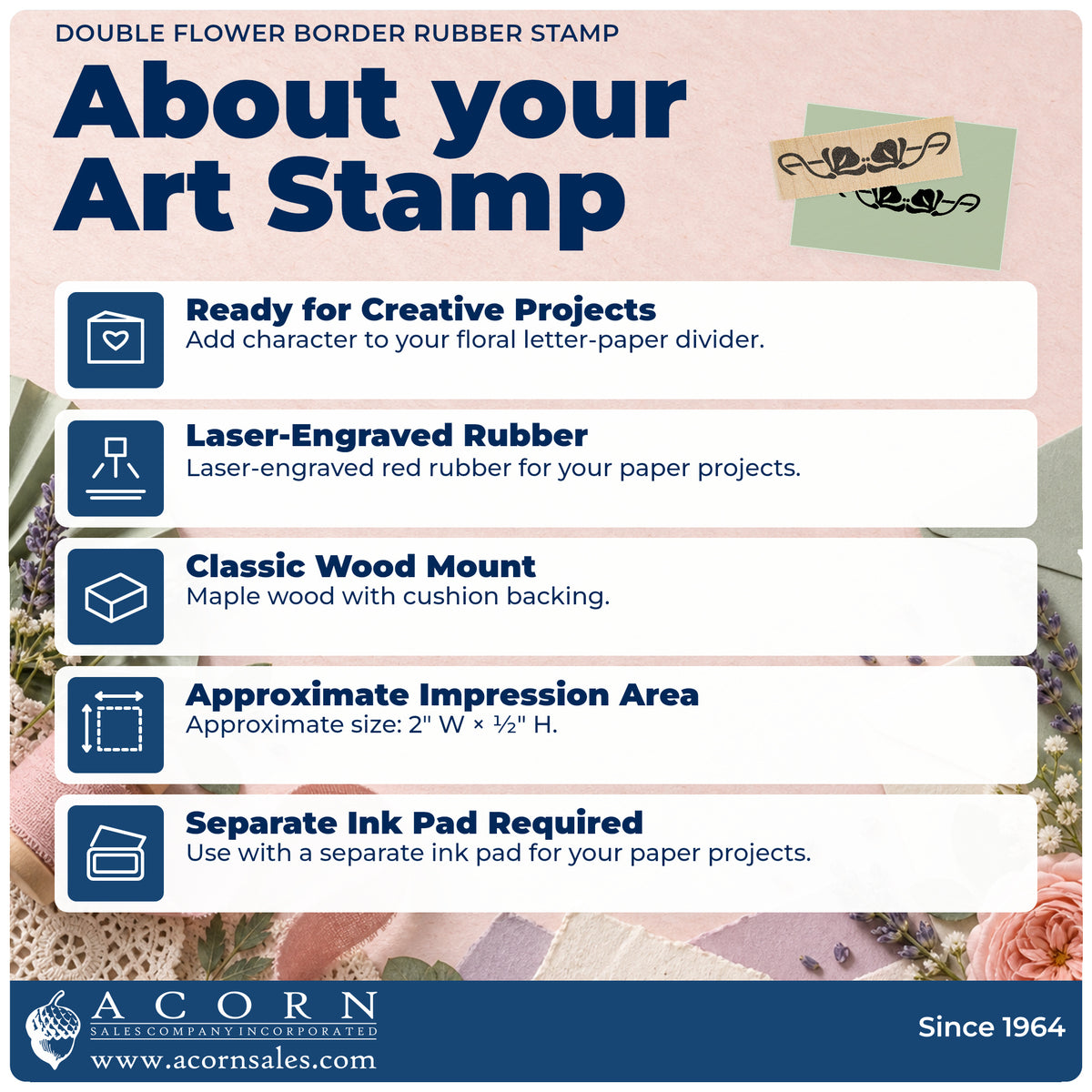 Double Flower Border Rubber Stamp feature guide covering the wood mount, rubber construction, approximate size and separate ink pad.