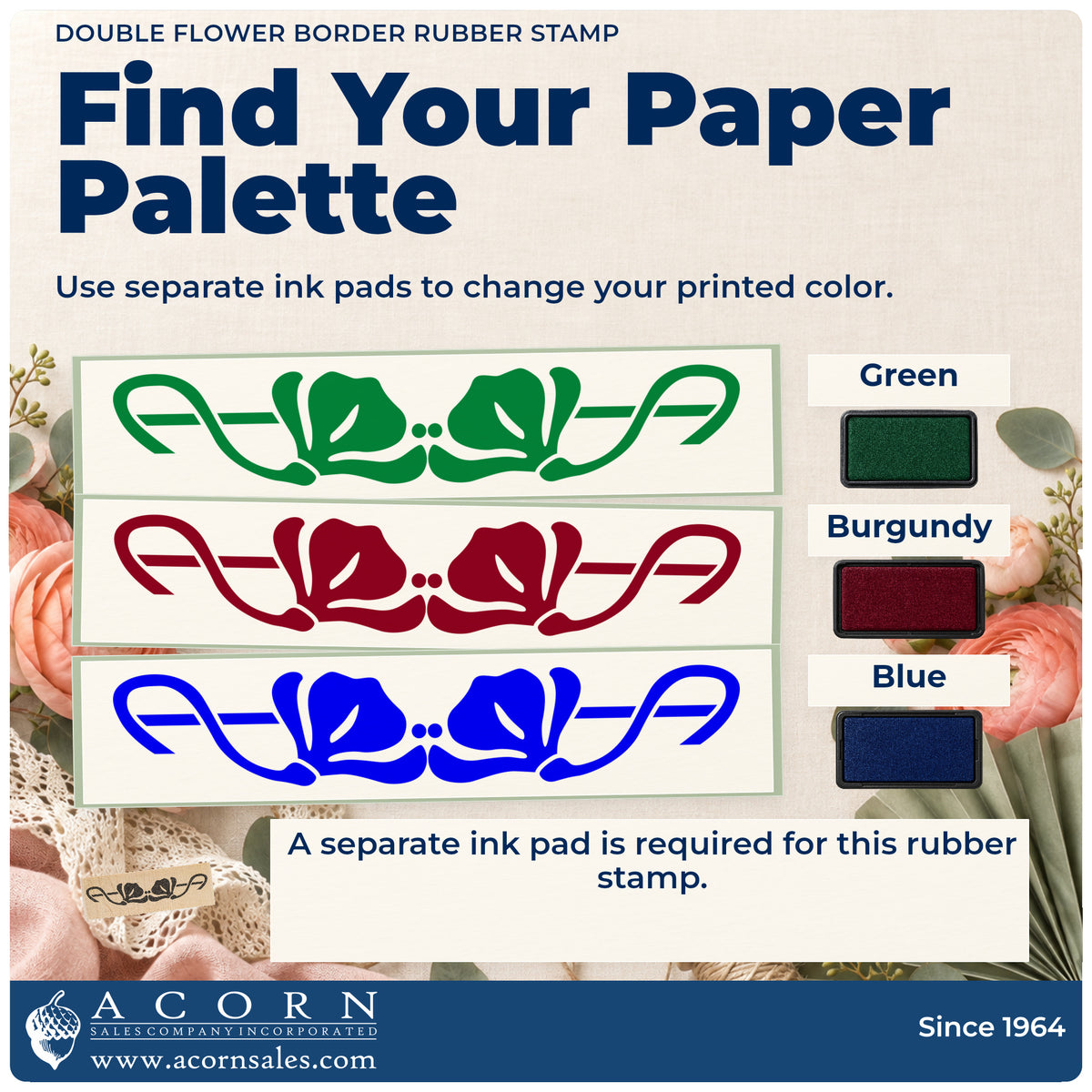 Double Flower Border Rubber Stamp ink-color infographic comparing three single-color impressions and a separate ink pad.
