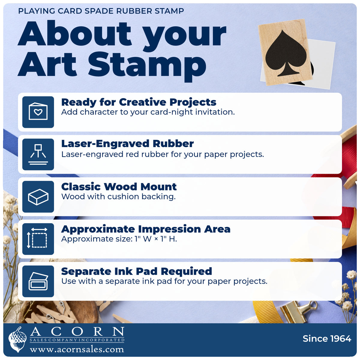 Playing Card Spade Rubber Stamp feature guide covering the wood mount, rubber construction, approximate size and separate ink pad.
