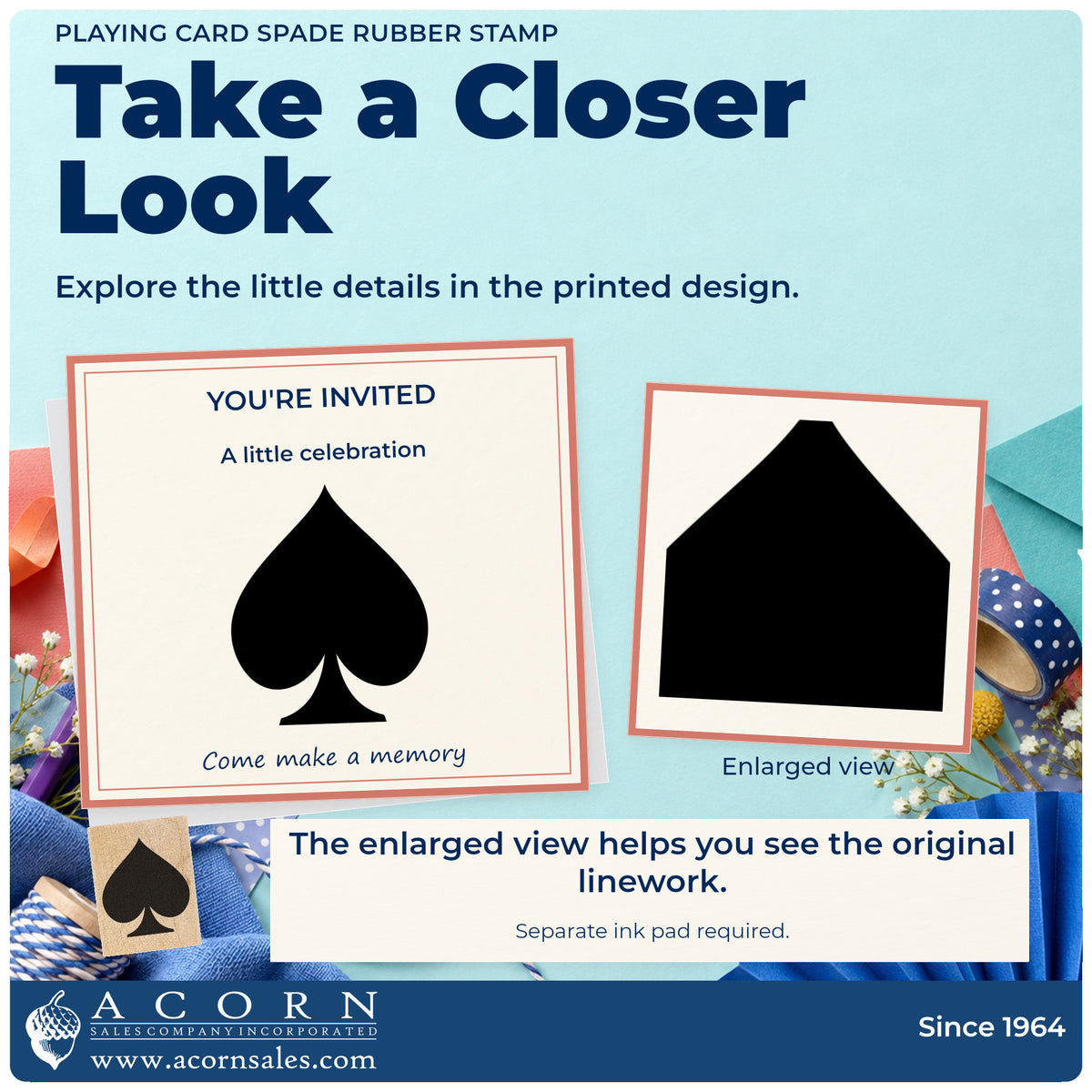 Playing Card Spade Rubber Stamp detail infographic with an enlarged view of the printed design.