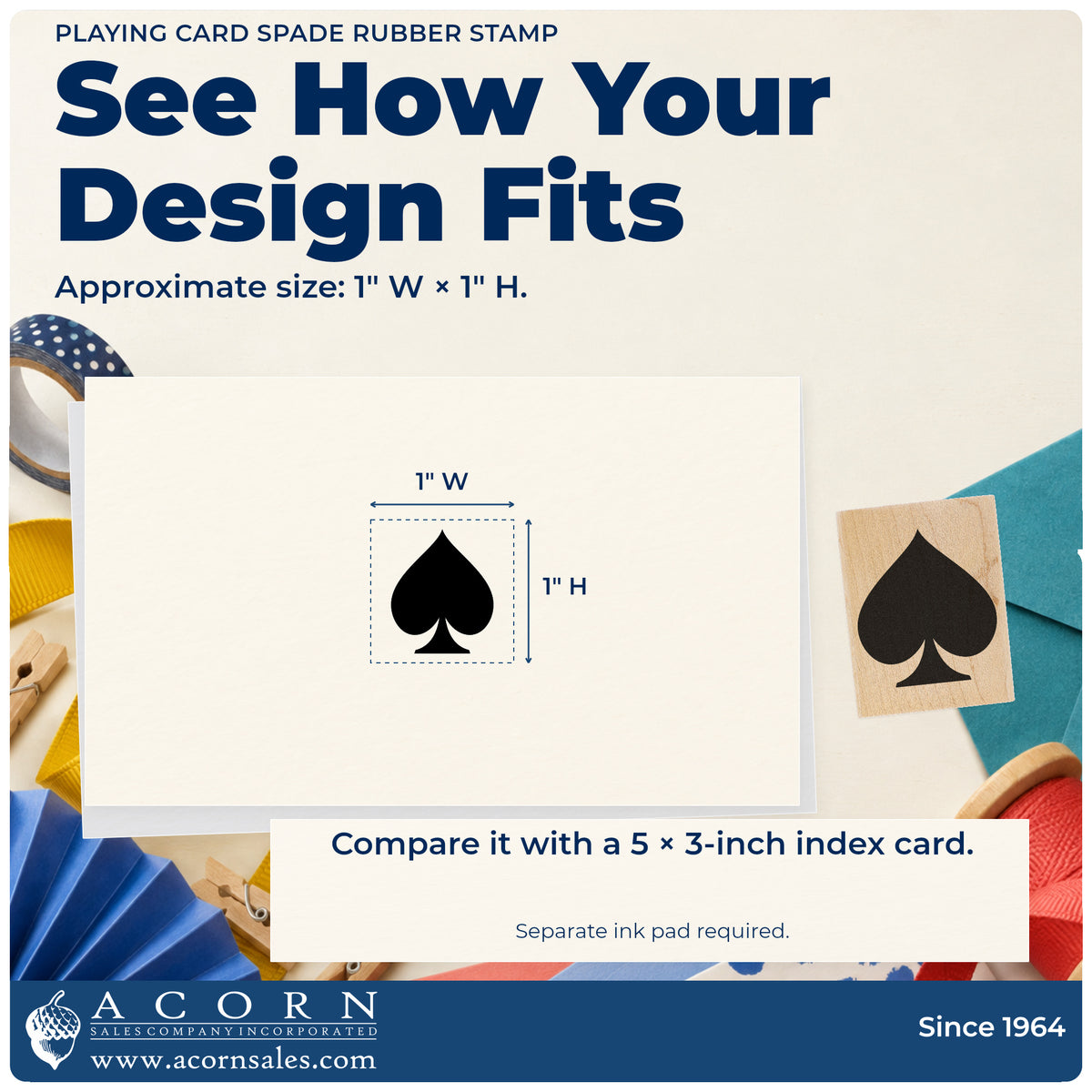 Playing Card Spade Rubber Stamp impression-size guide showing the design on a paper reference with dimension labels.
