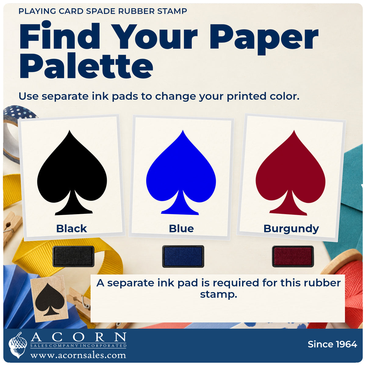 Playing Card Spade Rubber Stamp ink-color infographic comparing three single-color impressions and a separate ink pad.