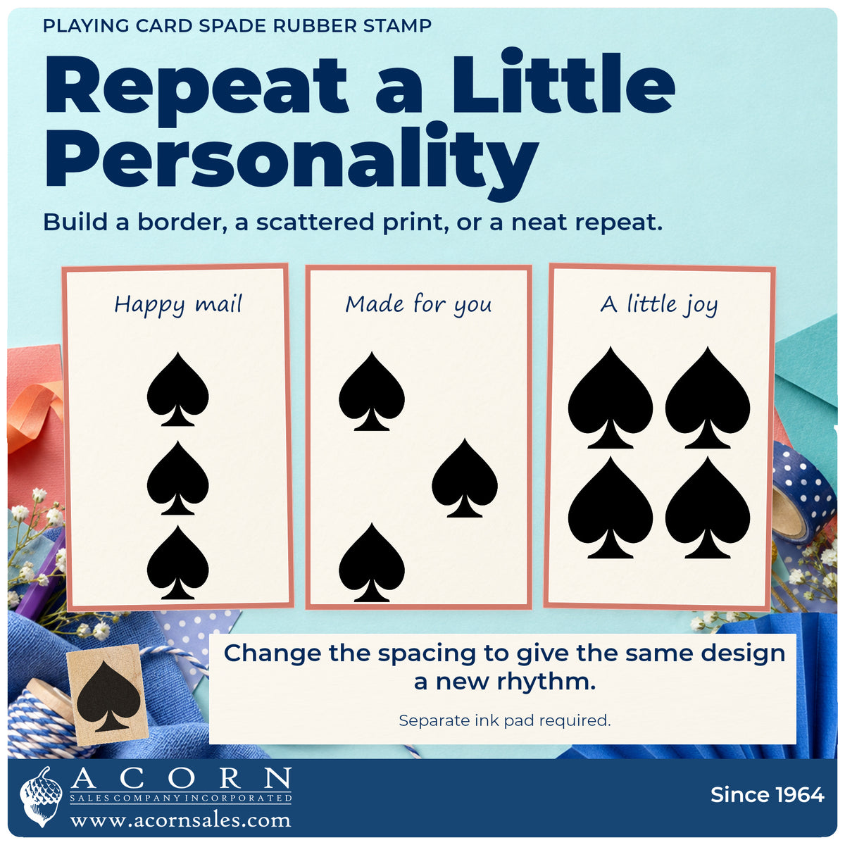 Playing Card Spade Rubber Stamp pattern guide showing repeated impressions in borders, scattered prints and a grid.