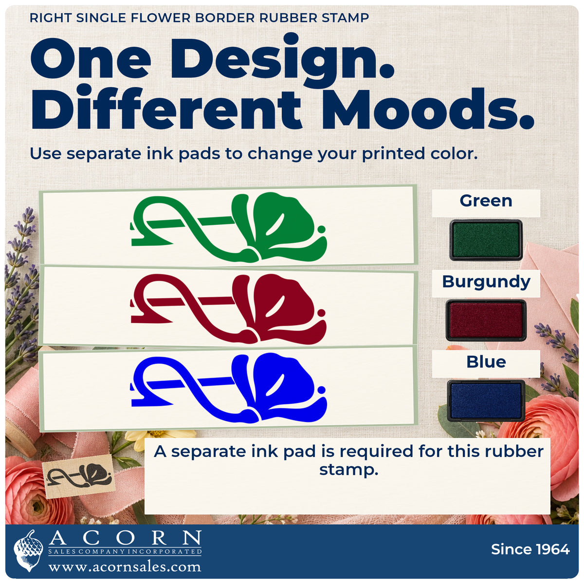 Right Single Flower Border Rubber Stamp ink-color infographic comparing three single-color impressions and a separate ink pad.