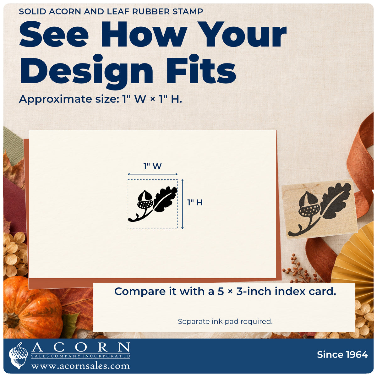 Solid Acorn and Leaf Rubber Stamp impression-size guide showing the design on a paper reference with dimension labels.
