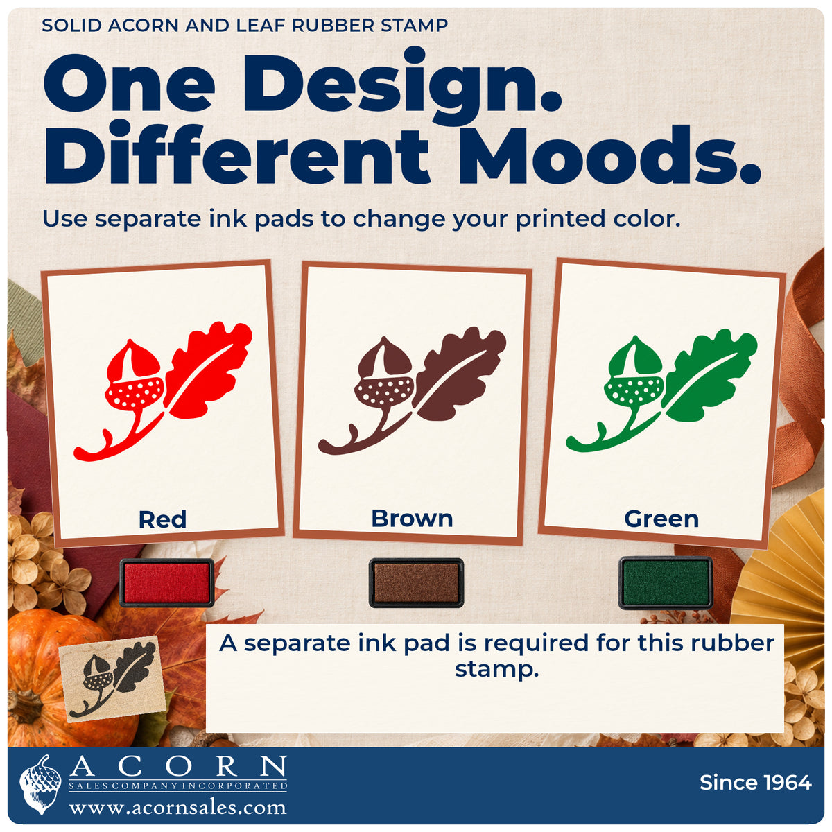 Solid Acorn and Leaf Rubber Stamp ink-color infographic comparing three single-color impressions and a separate ink pad.