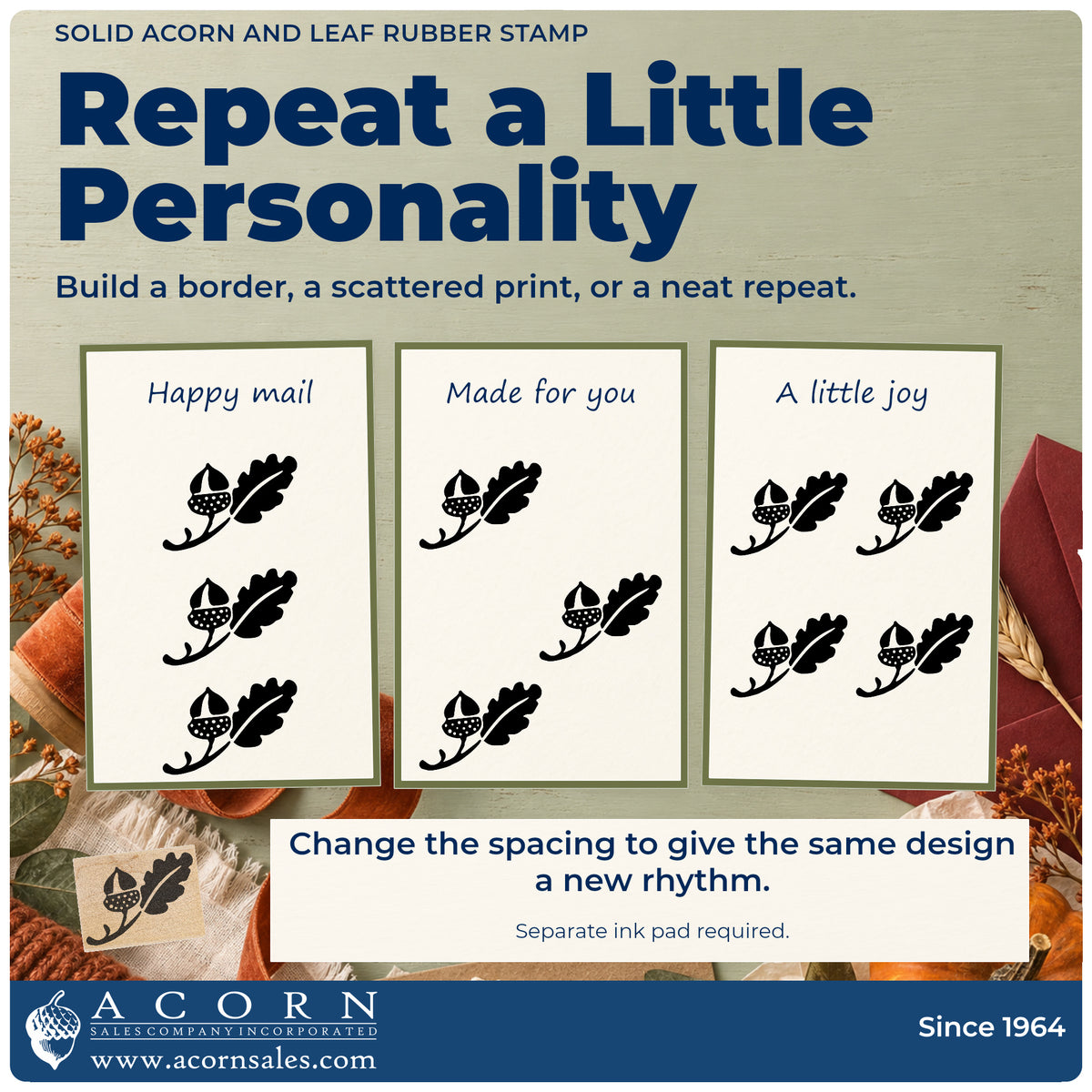 Solid Acorn and Leaf Rubber Stamp pattern guide showing repeated impressions in borders, scattered prints and a grid.