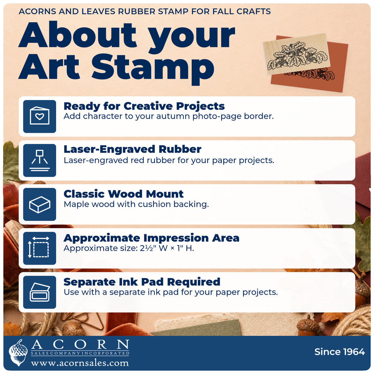 Acorns and Leaves Rubber Stamp for Fall Crafts feature guide covering the wood mount, rubber construction, approximate size and separate ink pad.
