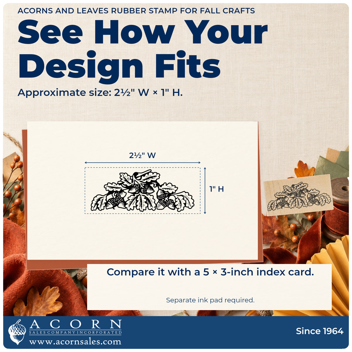 Acorns and Leaves Rubber Stamp for Fall Crafts impression-size guide showing the design on a paper reference with dimension labels.