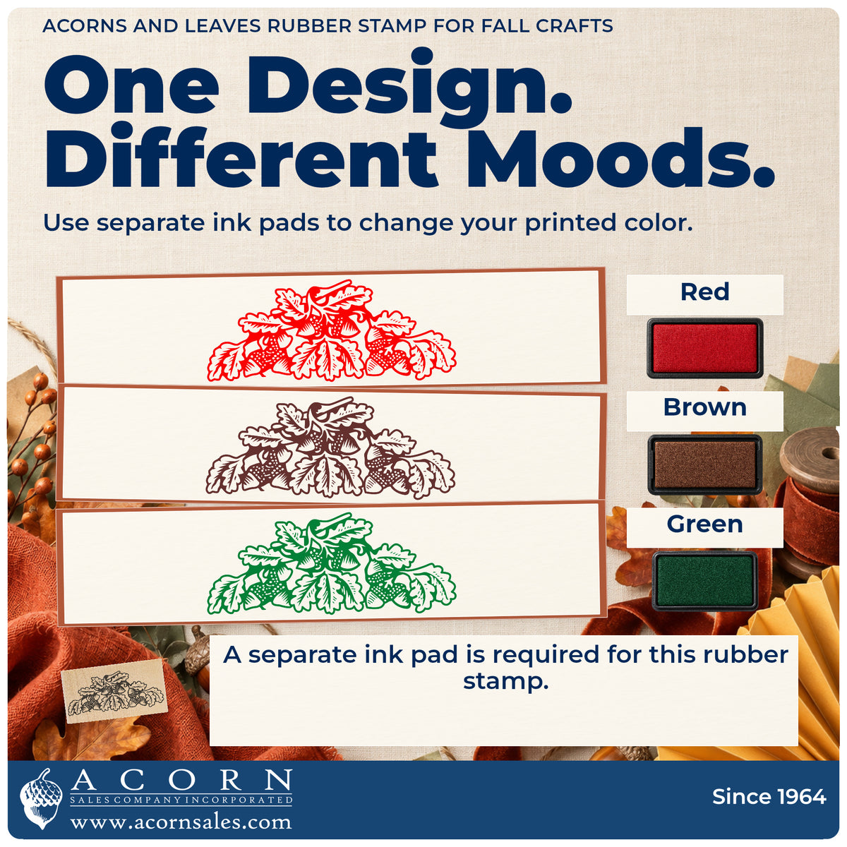 Acorns and Leaves Rubber Stamp for Fall Crafts ink-color infographic comparing three single-color impressions and a separate ink pad.