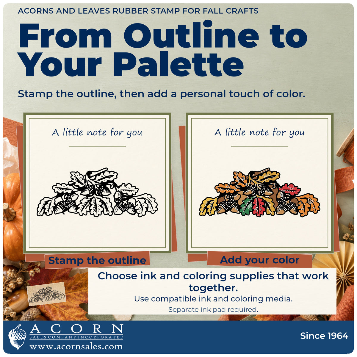 Acorns and Leaves Rubber Stamp for Fall Crafts stamp-and-color guide comparing an outline impression with a colored example.