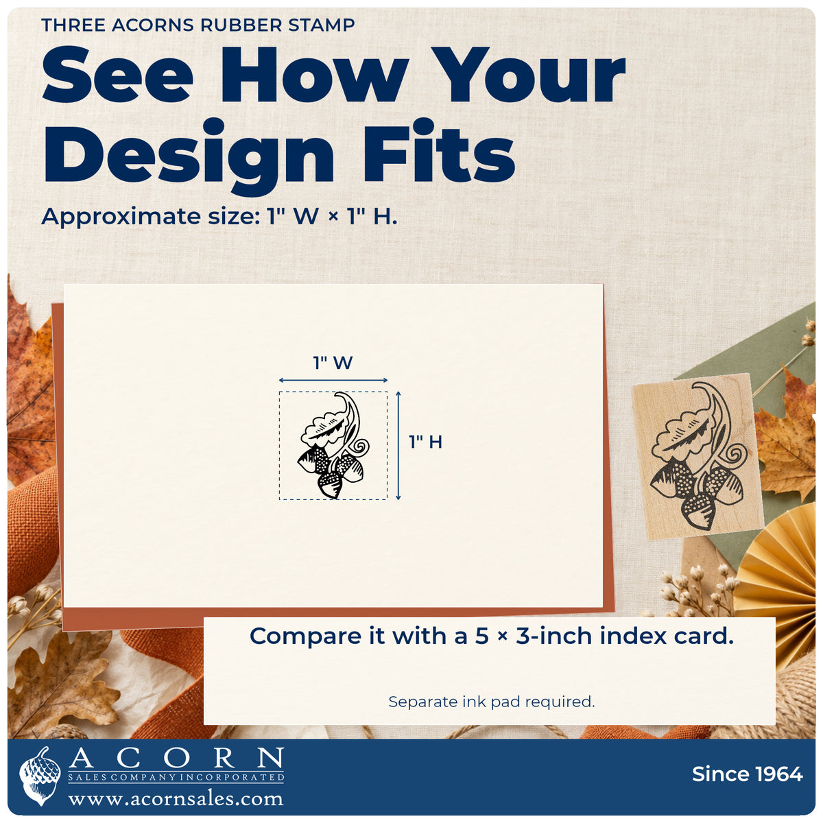 Three Acorns Rubber Stamp impression-size guide showing the design on a paper reference with dimension labels.