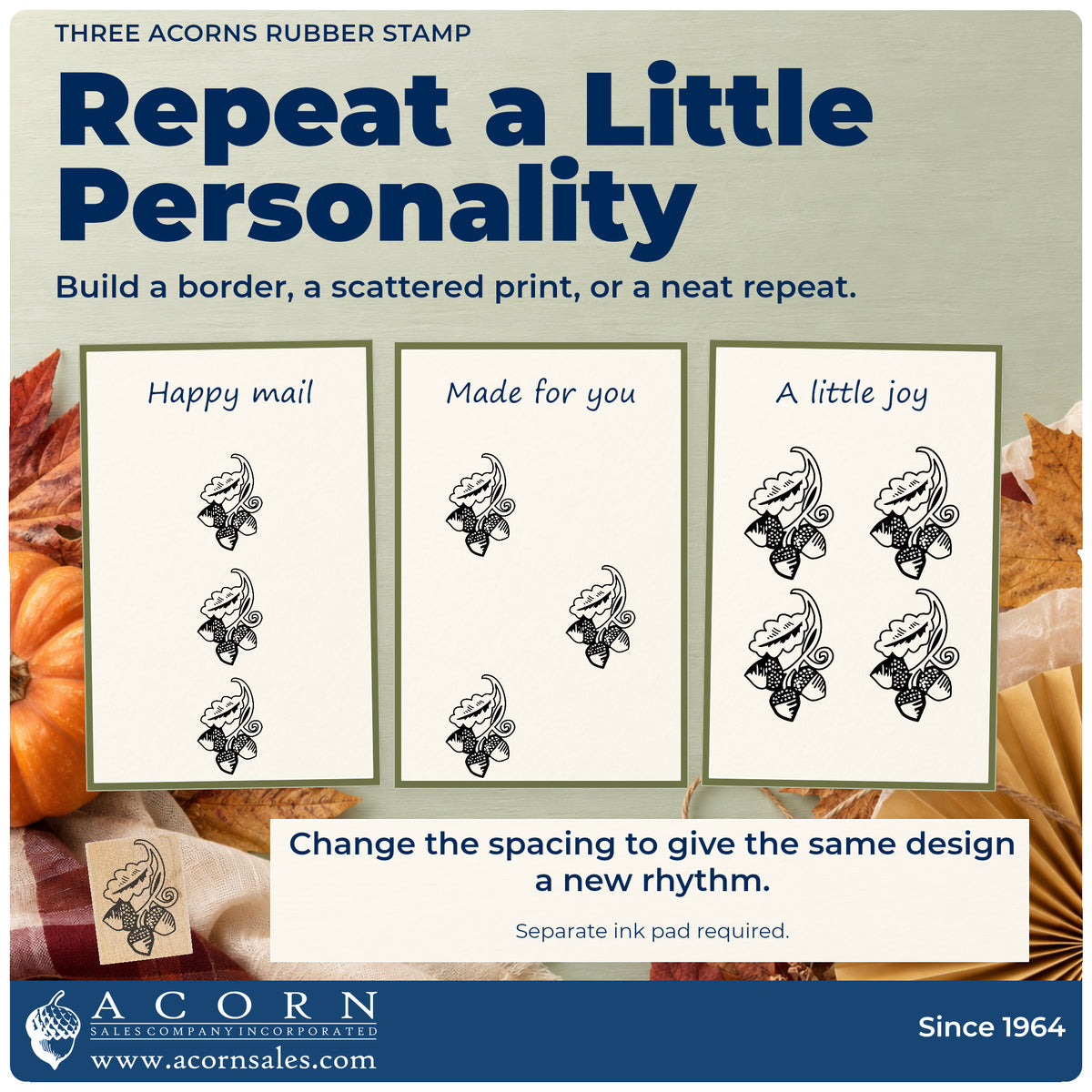 Three Acorns Rubber Stamp pattern guide showing repeated impressions in borders, scattered prints and a grid.