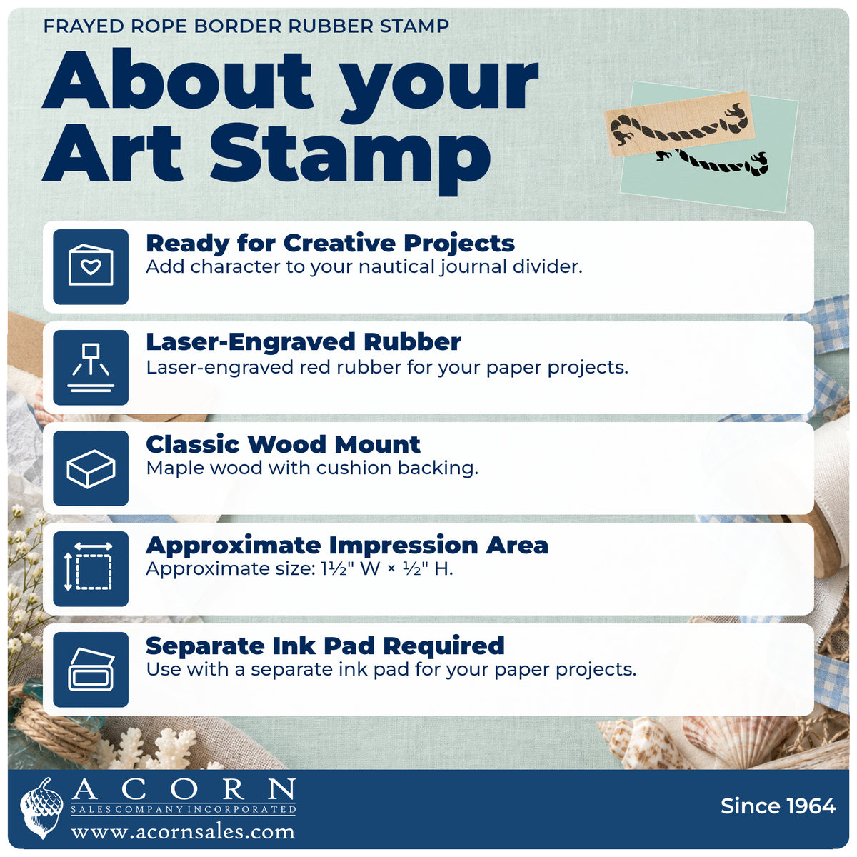 Frayed Rope Border Rubber Stamp feature guide covering the wood mount, rubber construction, approximate size and separate ink pad.