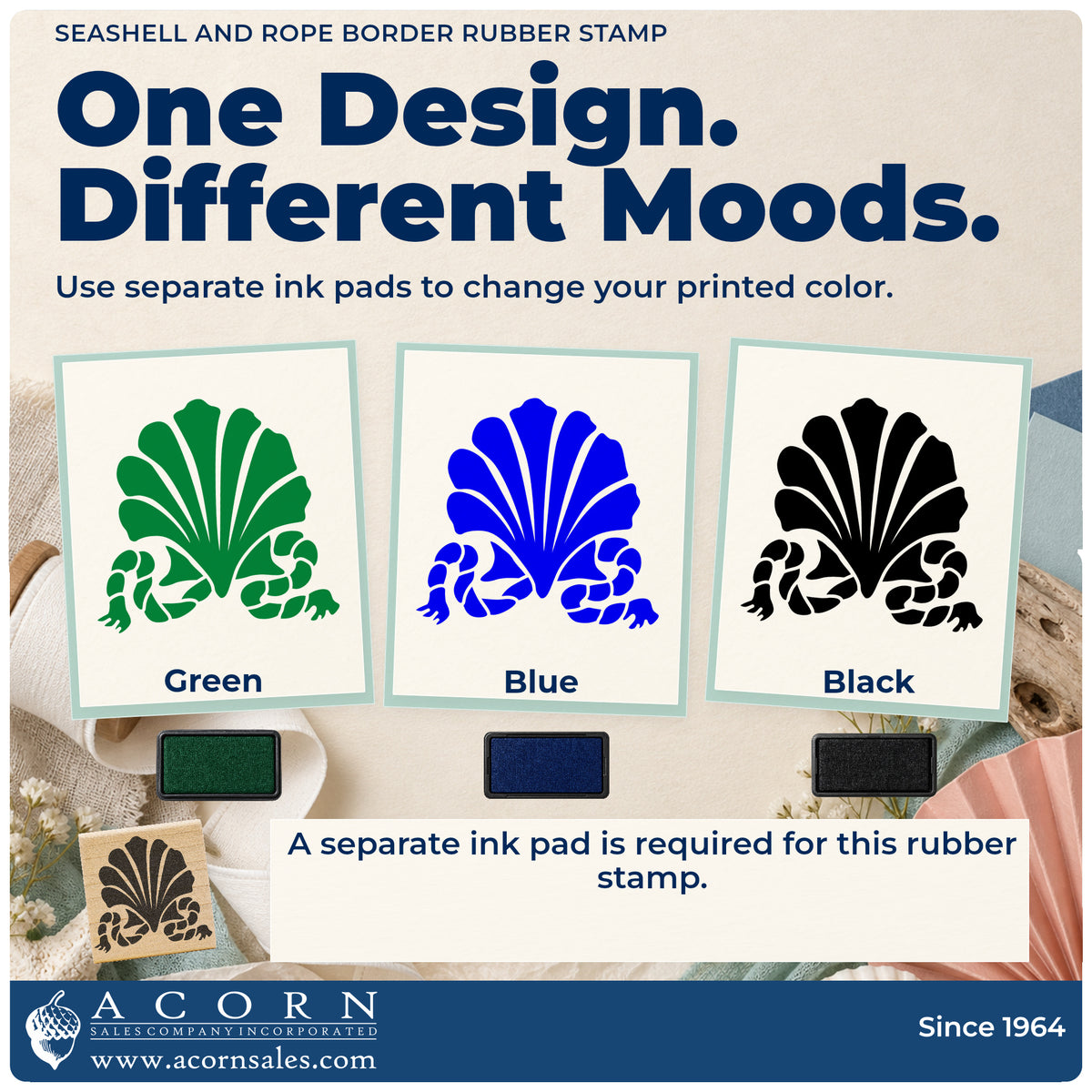Seashell and Rope Border Rubber Stamp ink-color infographic comparing three single-color impressions and a separate ink pad.