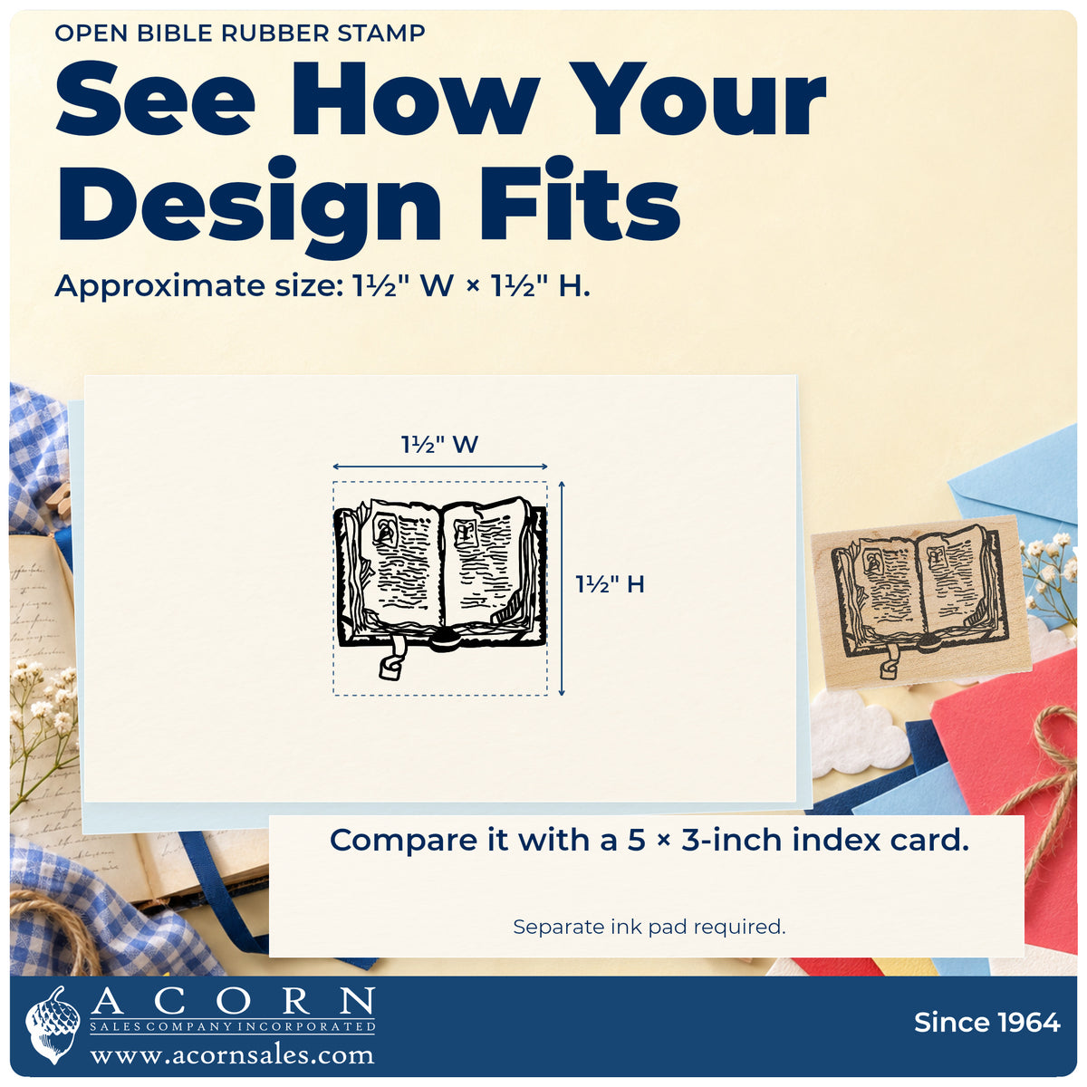 Open Bible Rubber Stamp impression-size guide showing the design on a paper reference with dimension labels.