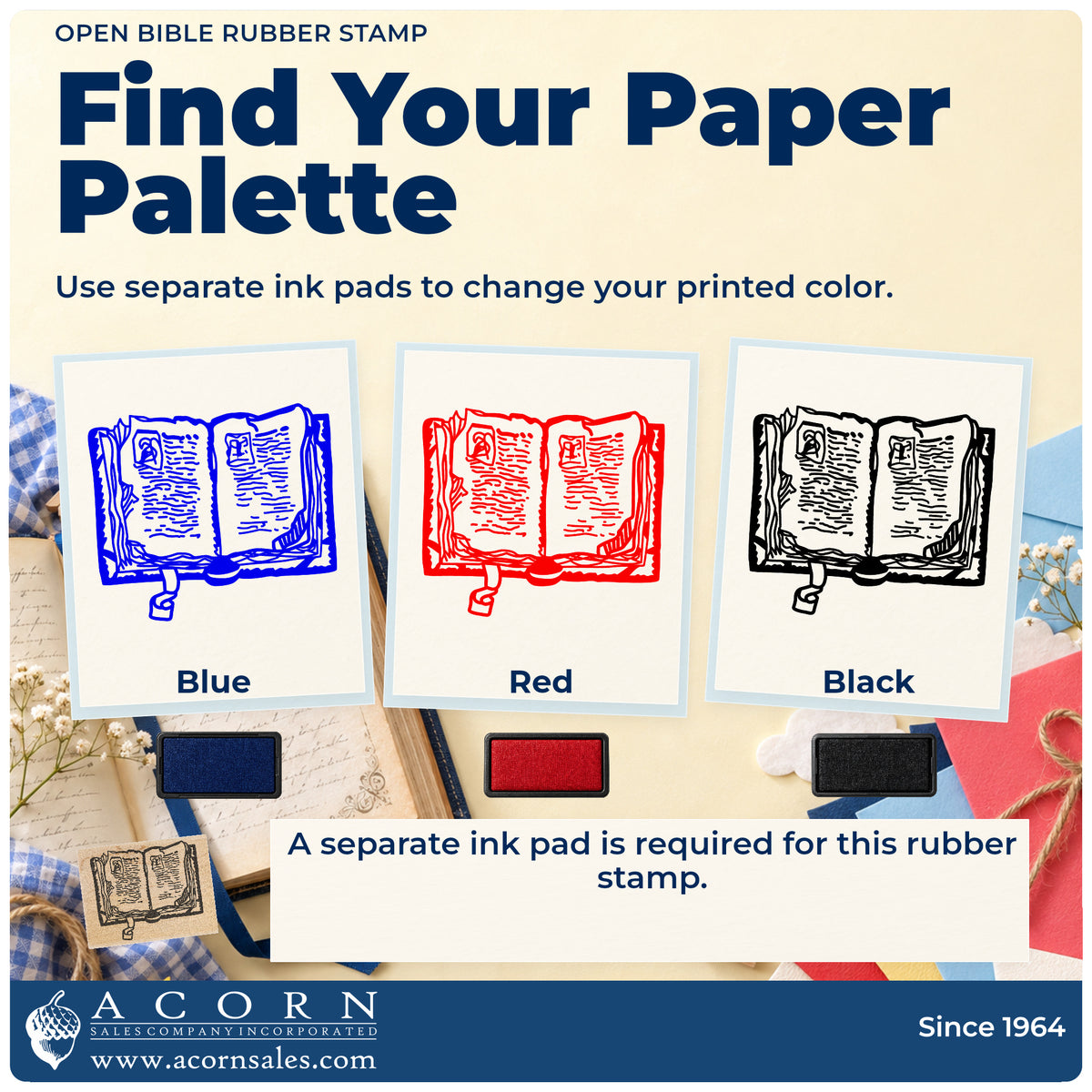 Open Bible Rubber Stamp ink-color infographic comparing three single-color impressions and a separate ink pad.