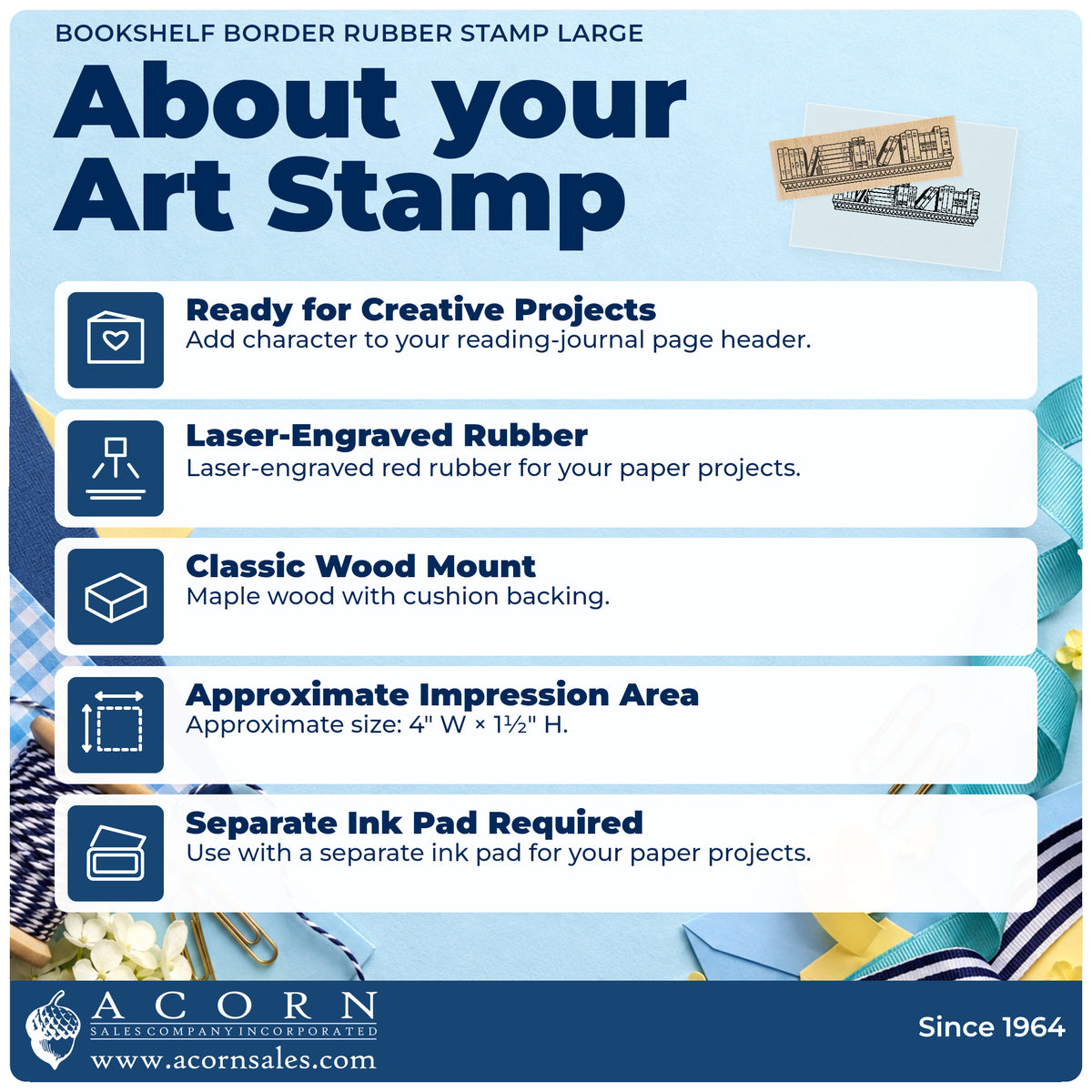 Bookshelf Border Rubber Stamp Large feature guide covering the wood mount, rubber construction, approximate size and separate ink pad.