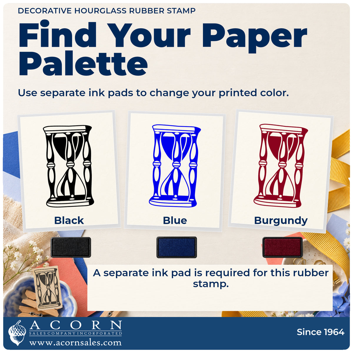 Decorative Hourglass Rubber Stamp ink-color infographic comparing three single-color impressions and a separate ink pad.