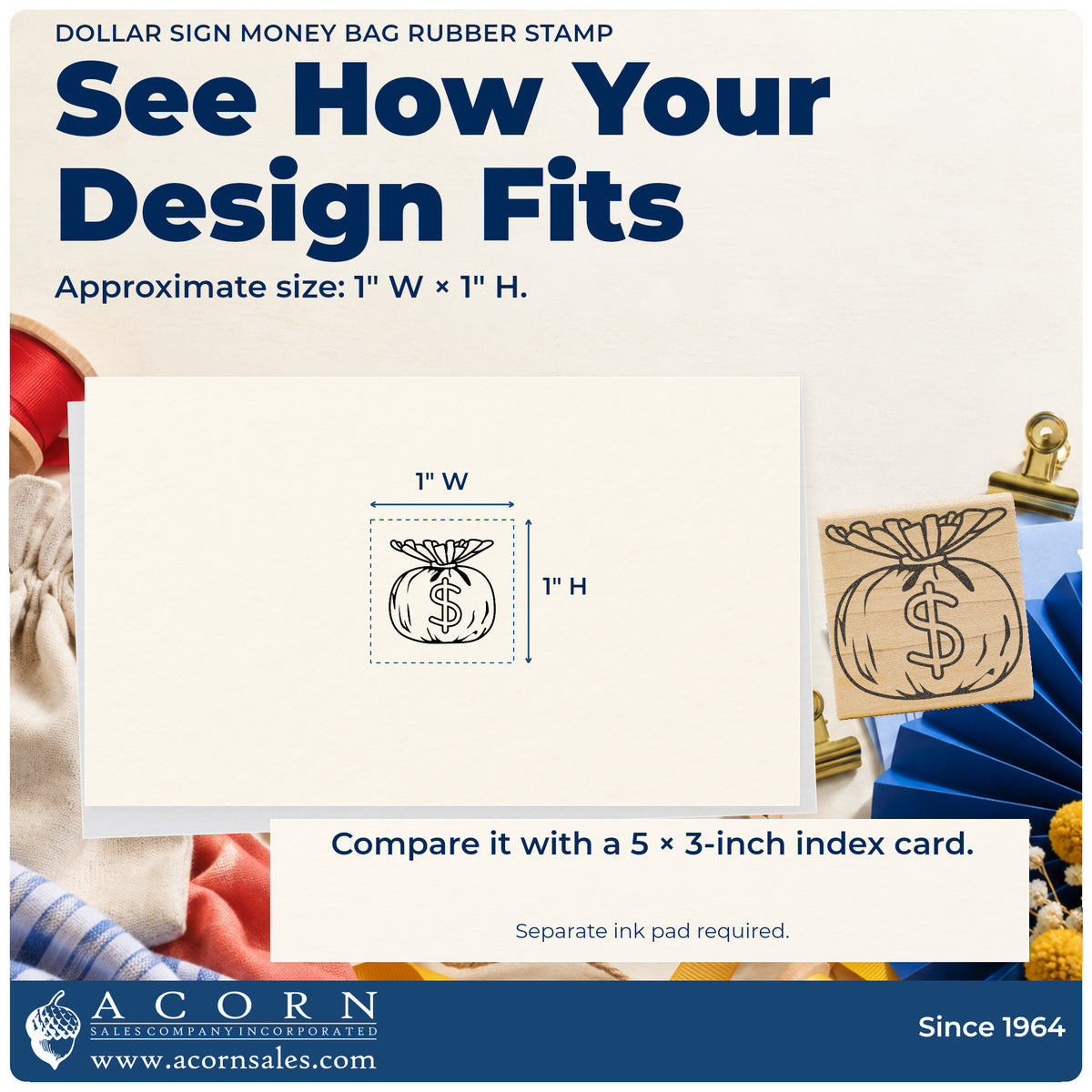 Dollar Sign Money Bag Rubber Stamp impression-size guide showing the design on a paper reference with dimension labels.