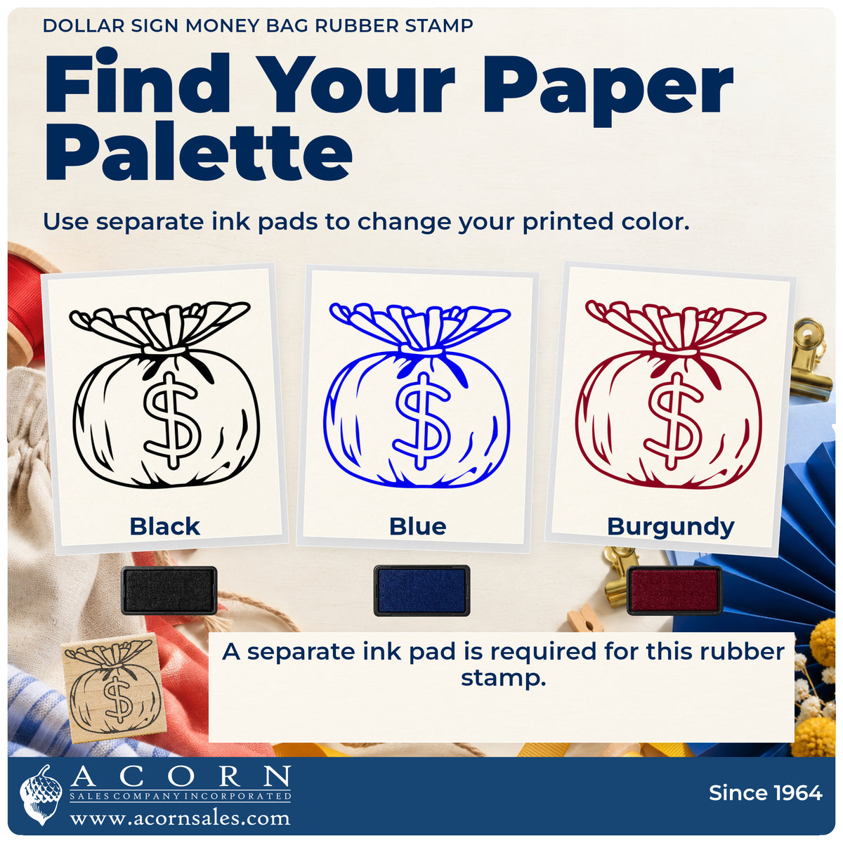 Dollar Sign Money Bag Rubber Stamp ink-color infographic comparing three single-color impressions and a separate ink pad.